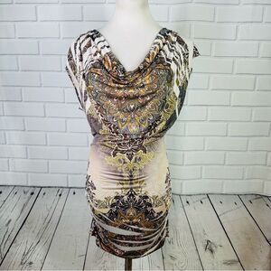 10/$25🦋 Dots White & Brown Rhinestone Paisley Cowl Neck Bodycon Dress - Small
